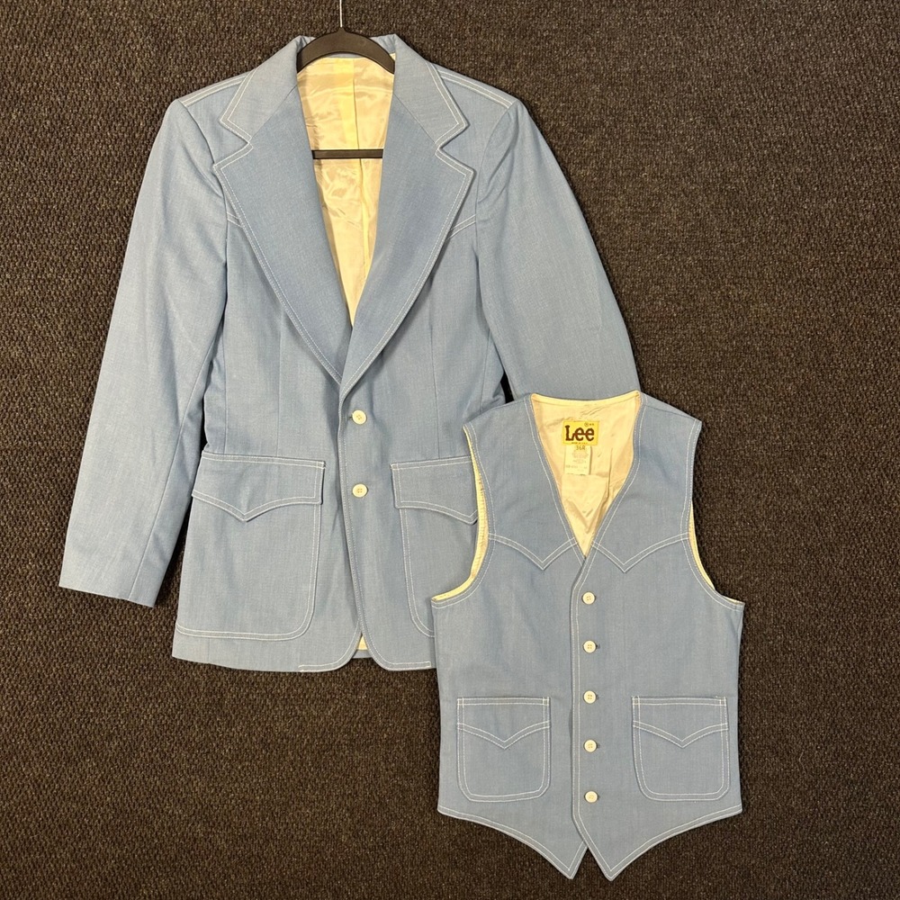 Vintage Lee Suit Set Mens 36R Blue Western Blazer Vest Contrast Stitch NO PANTS
